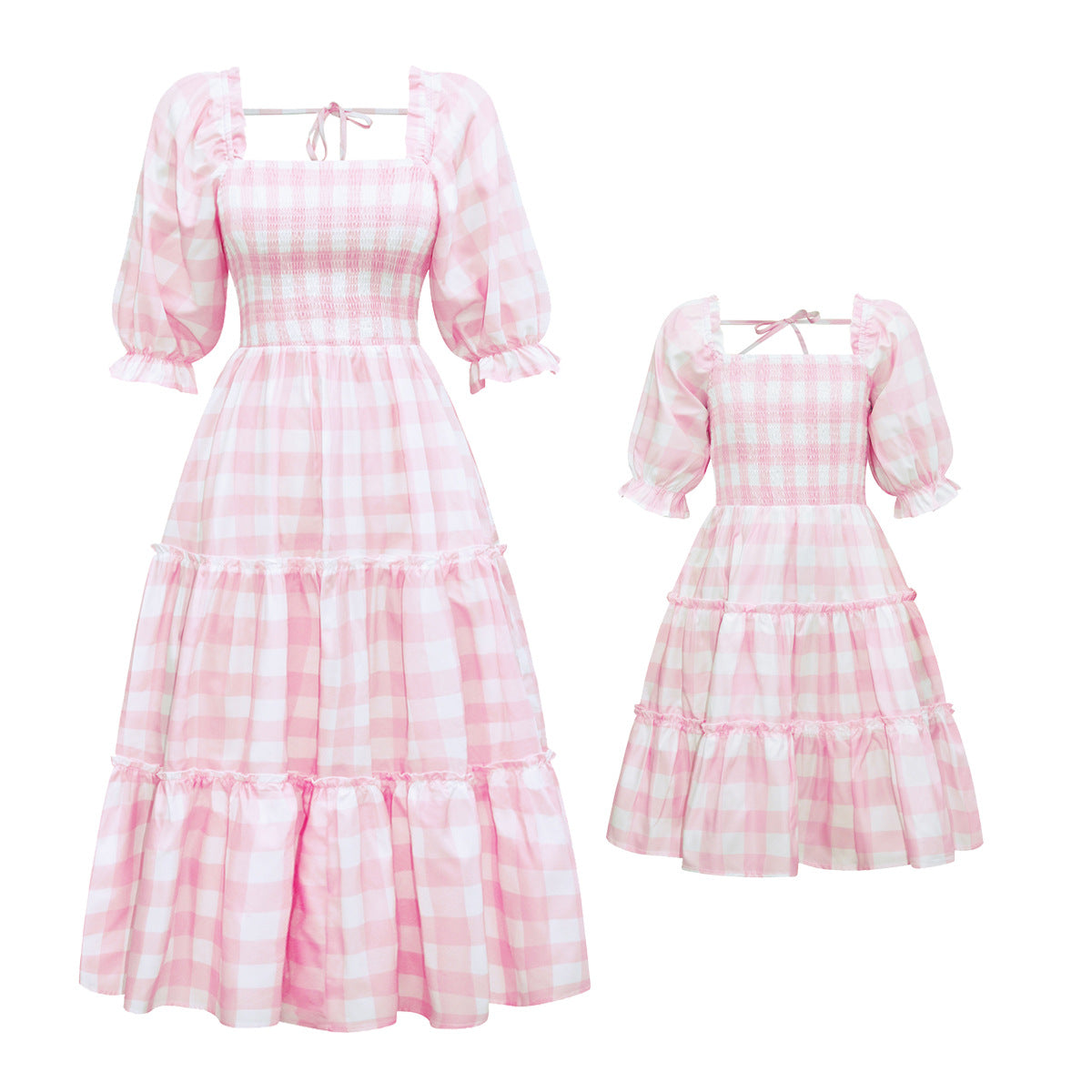 Pink Gingham Matching Summer Dress