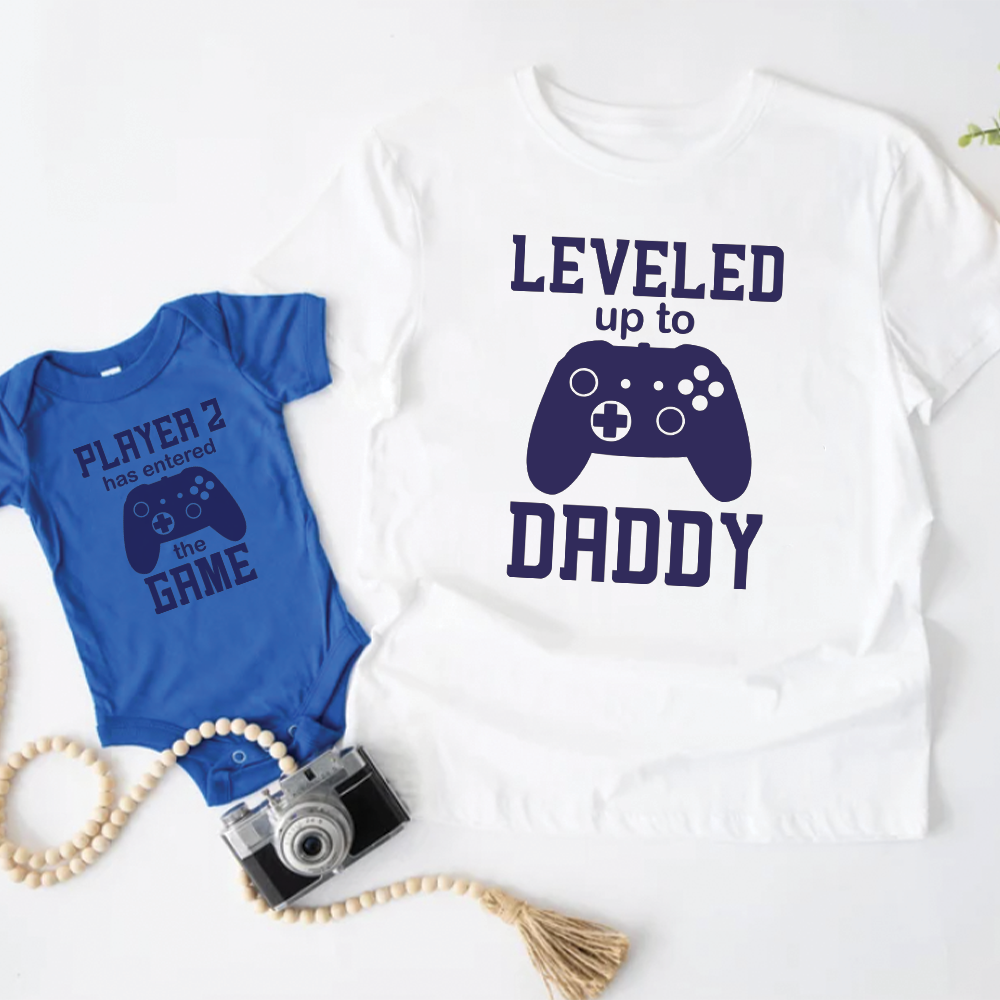 Leveled Up Daddy/Player 2 Dad & Baby Tee & Vest White/Colbalt Blue
