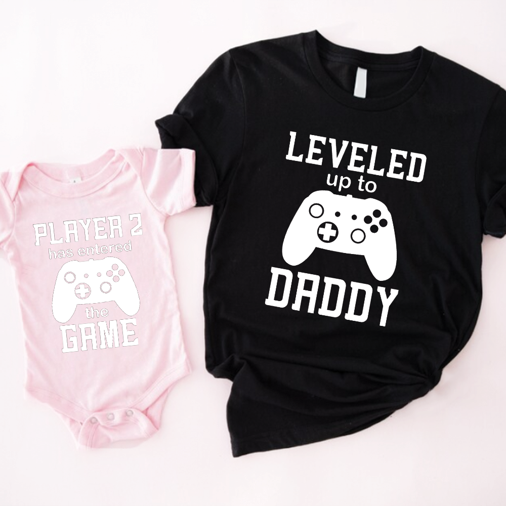 Leveled Up Daddy/Player 2 Dad & Baby Tee & Vest Black/Pink