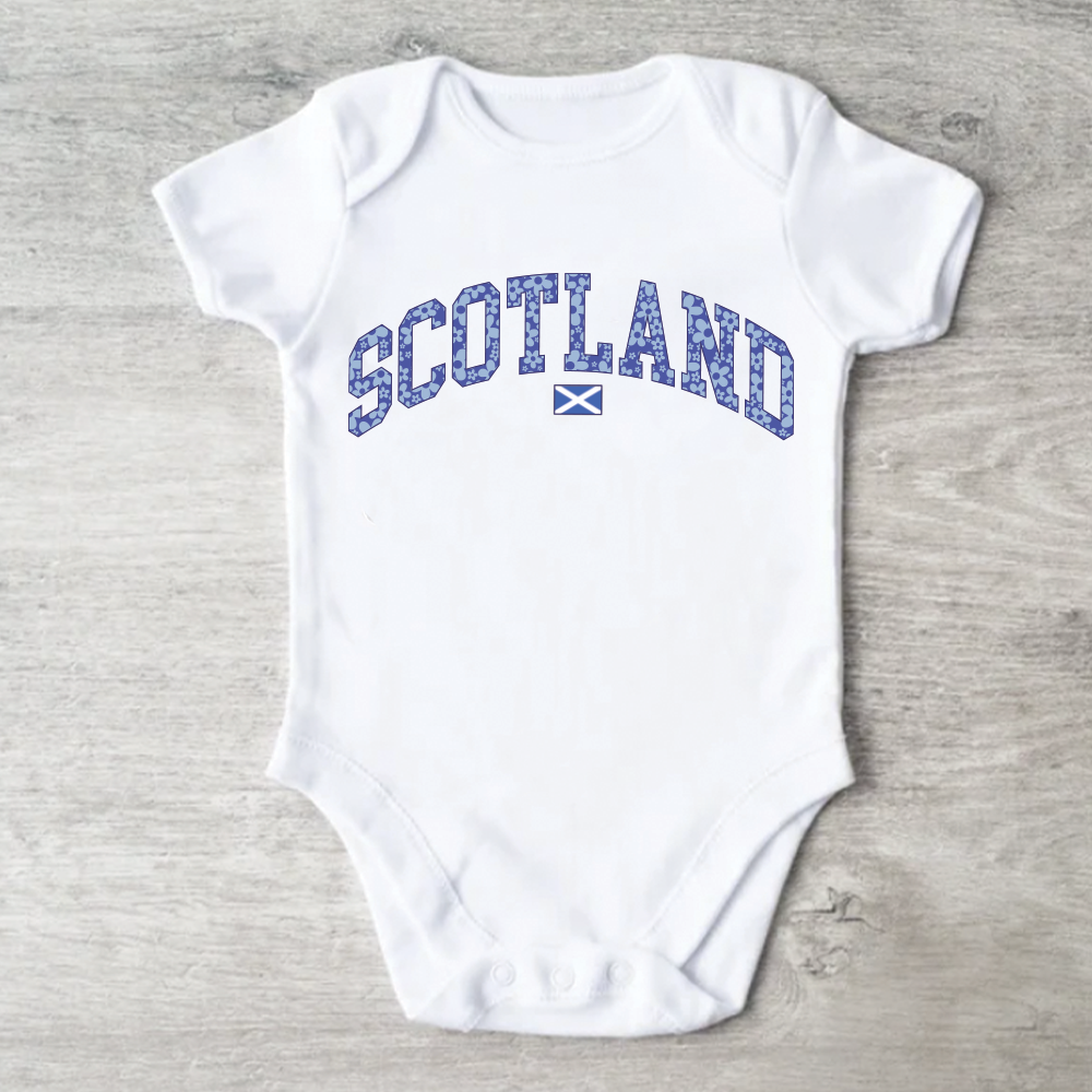 Blue Floral Scotland White Baby Vest