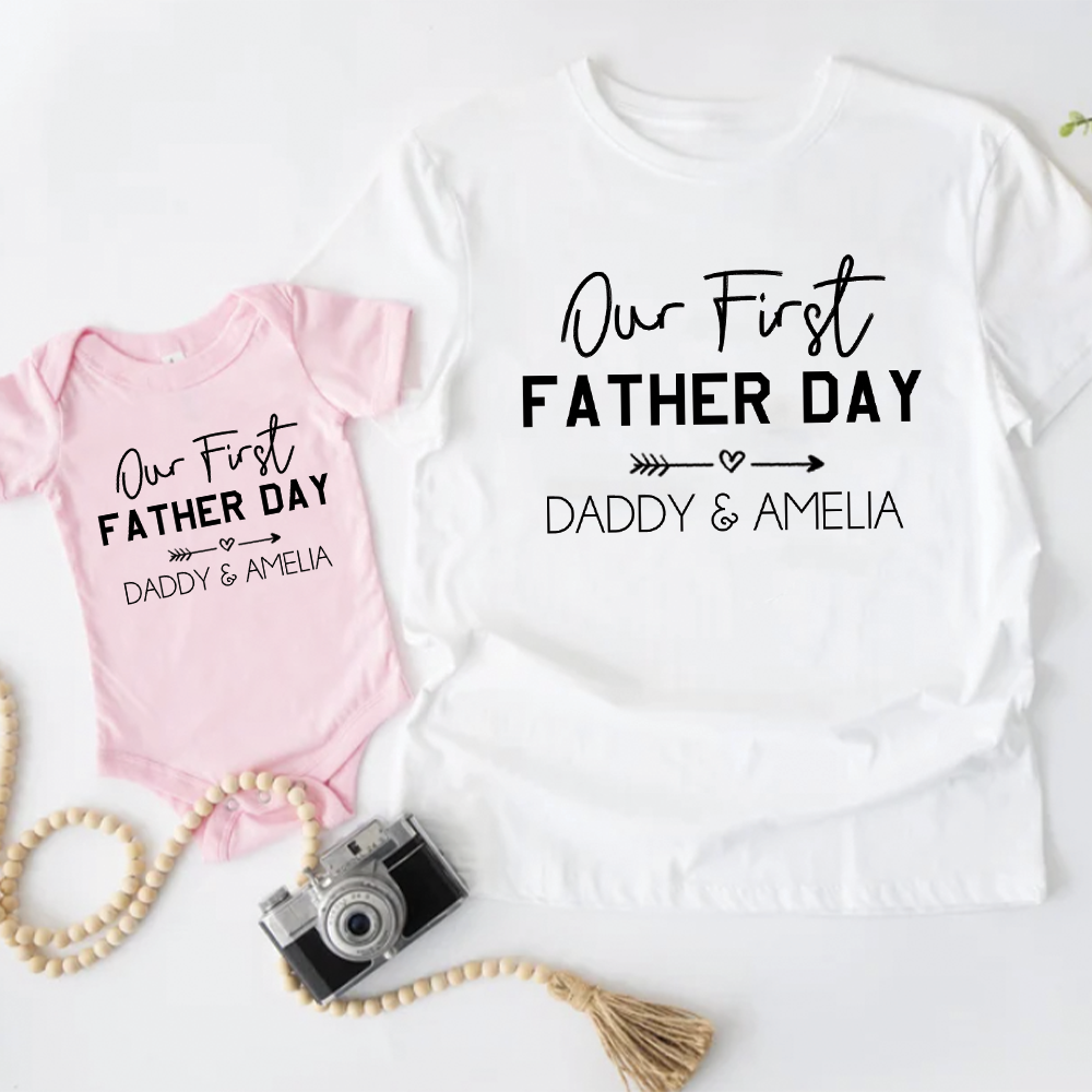 Our First Fathers Day Matching T-Shirt/Bodysuit - White/ Pink