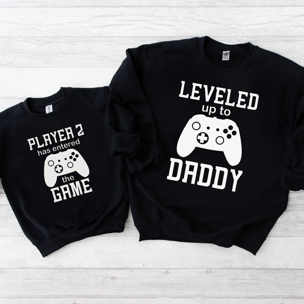 Leveled Up Daddy/Player 2 Matching Dad & kid Black Sweatshirt