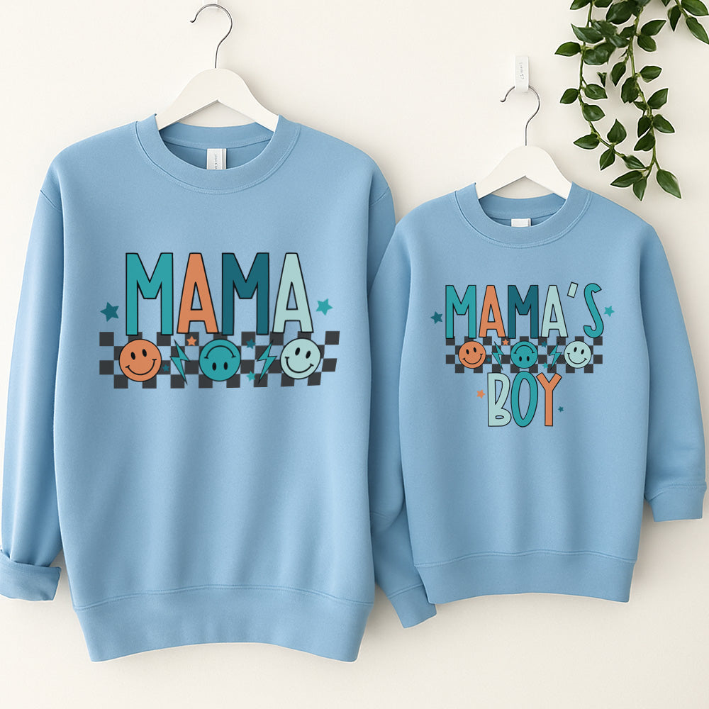 Mama & Mama's Boy Chequered Smile Sweatshirts- Sky