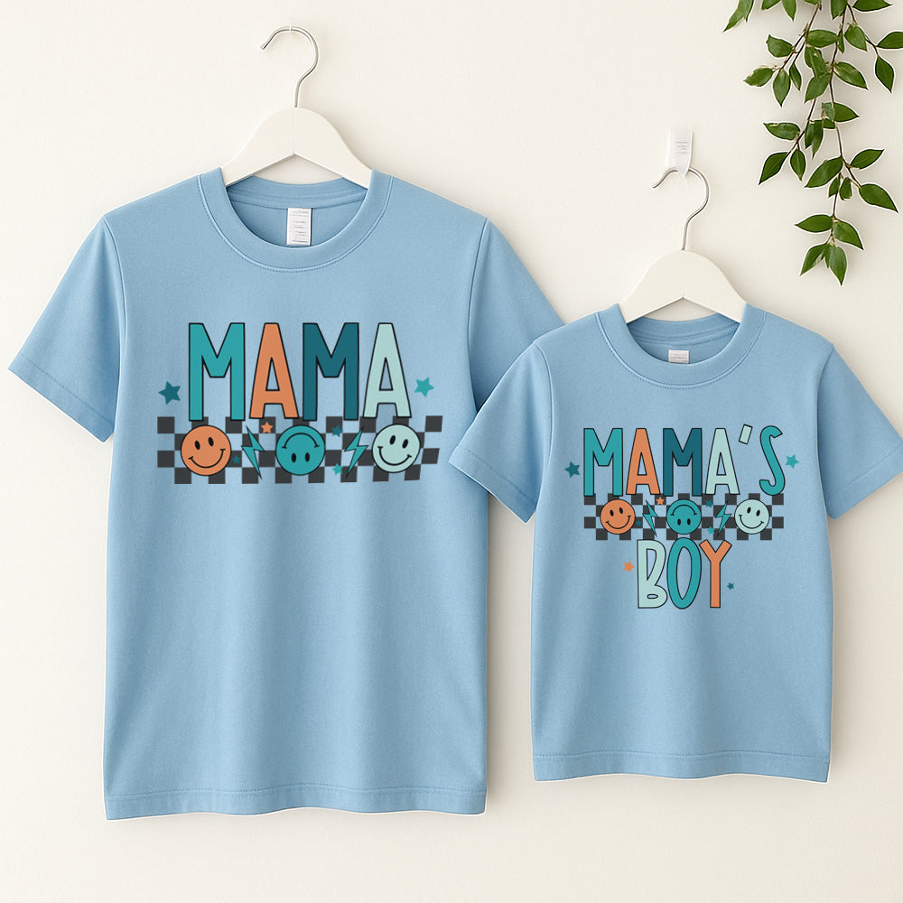 Mama & Mama's Boy Chequered Smile T-Shirts- Sky