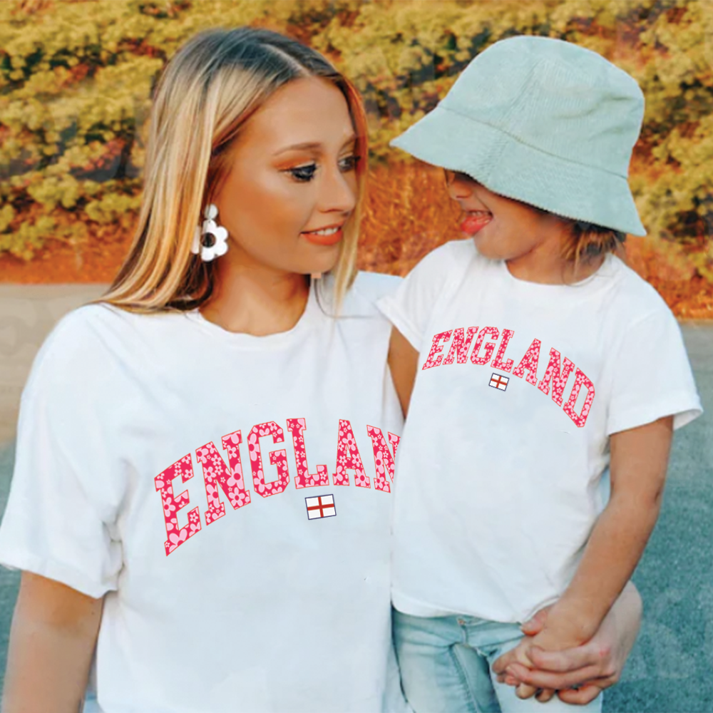 Pink Floral England Matching White T-shirts