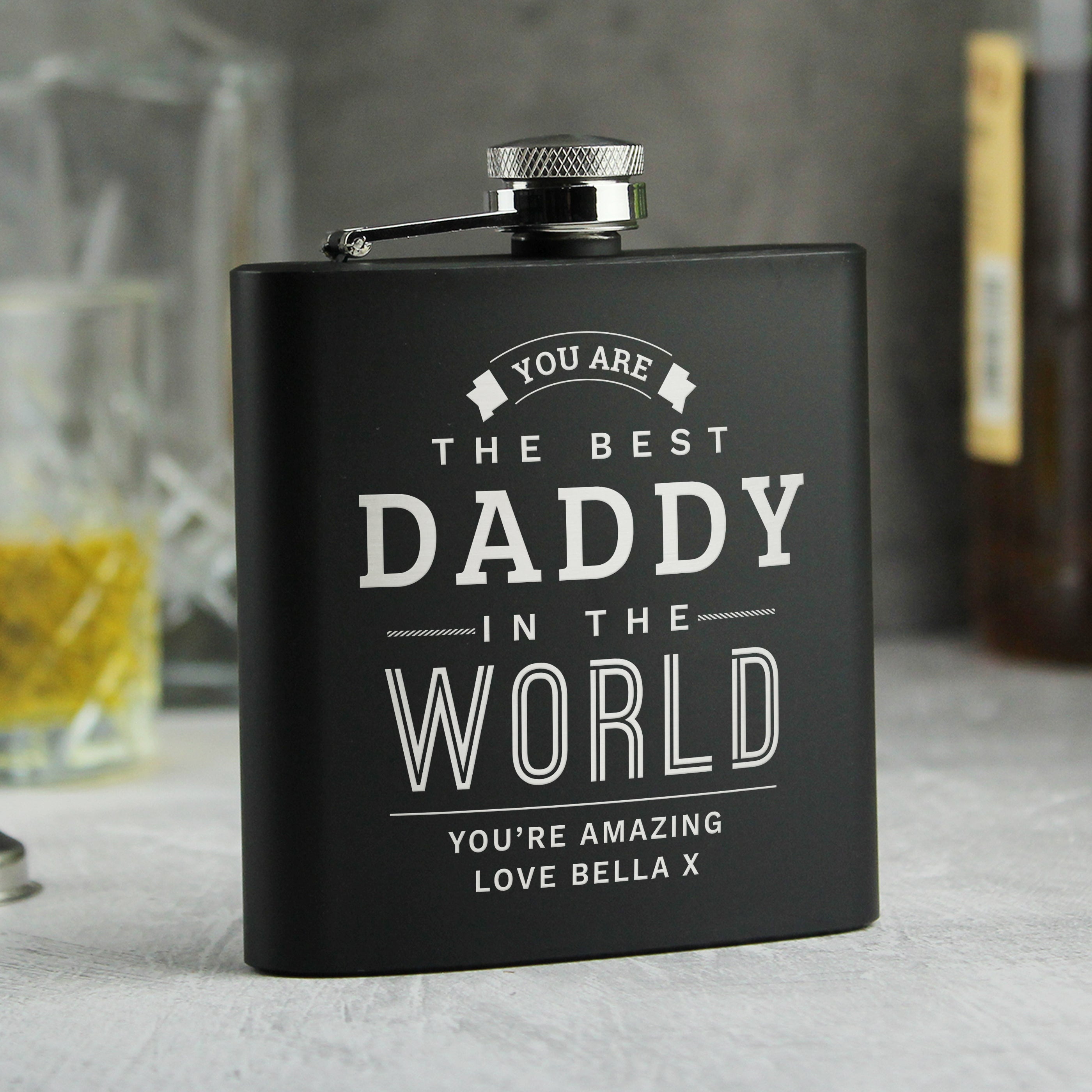 Personalised Best in The World Black Hip Flask (MRK-iD)