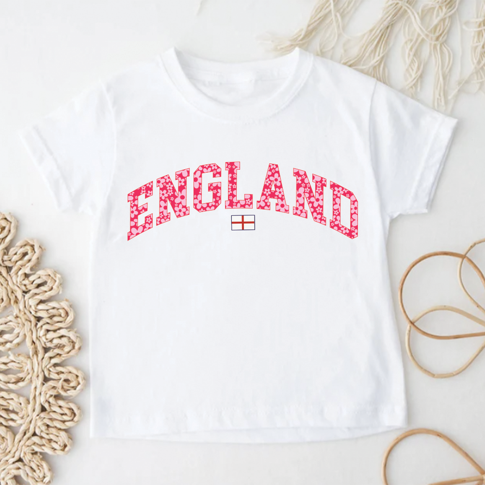Pink Floral England White T-shirt