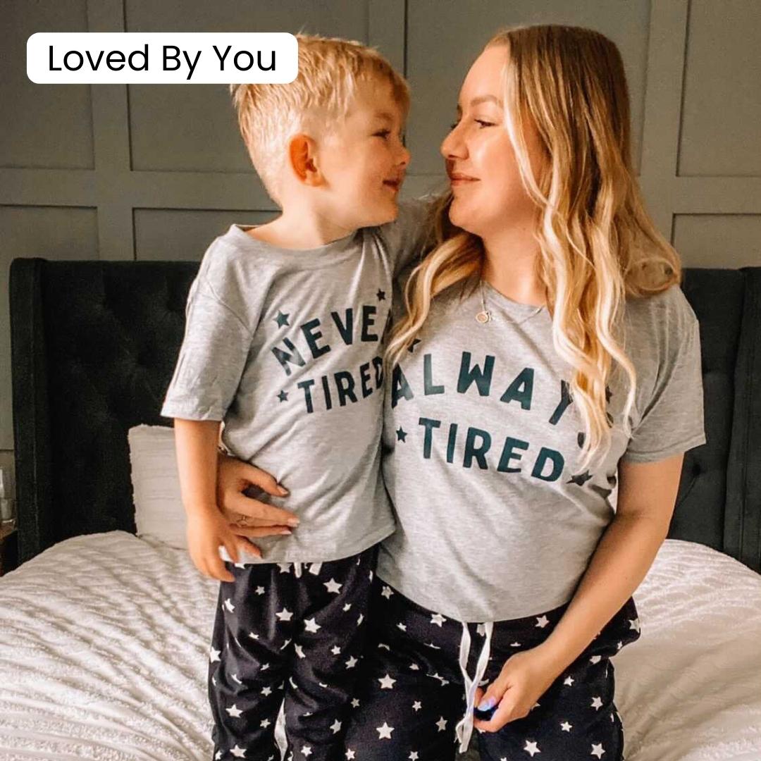 Always Tired/Never Tired Mum & Kid Matching Star Pyjamas - Grey/Navy