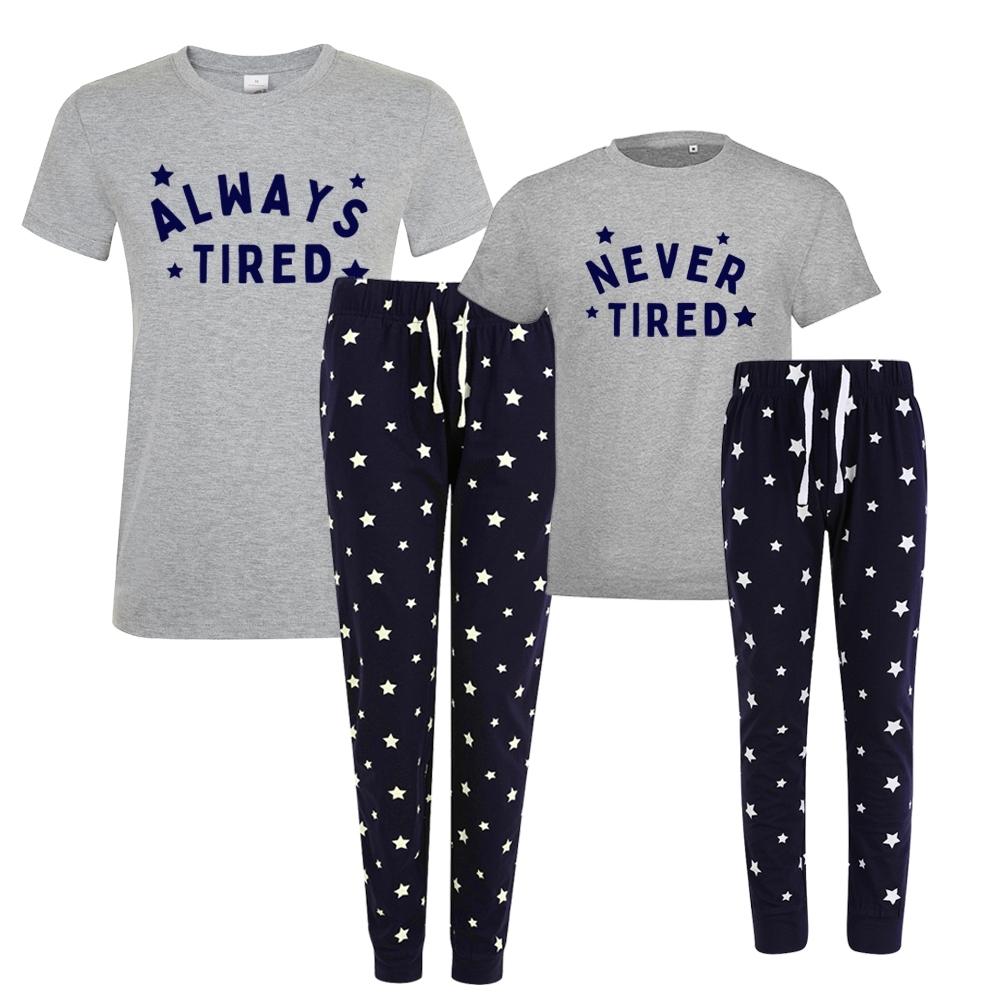 Always Tired/Never Tired Mum & Kid Matching Star Pyjamas - Grey/Navy