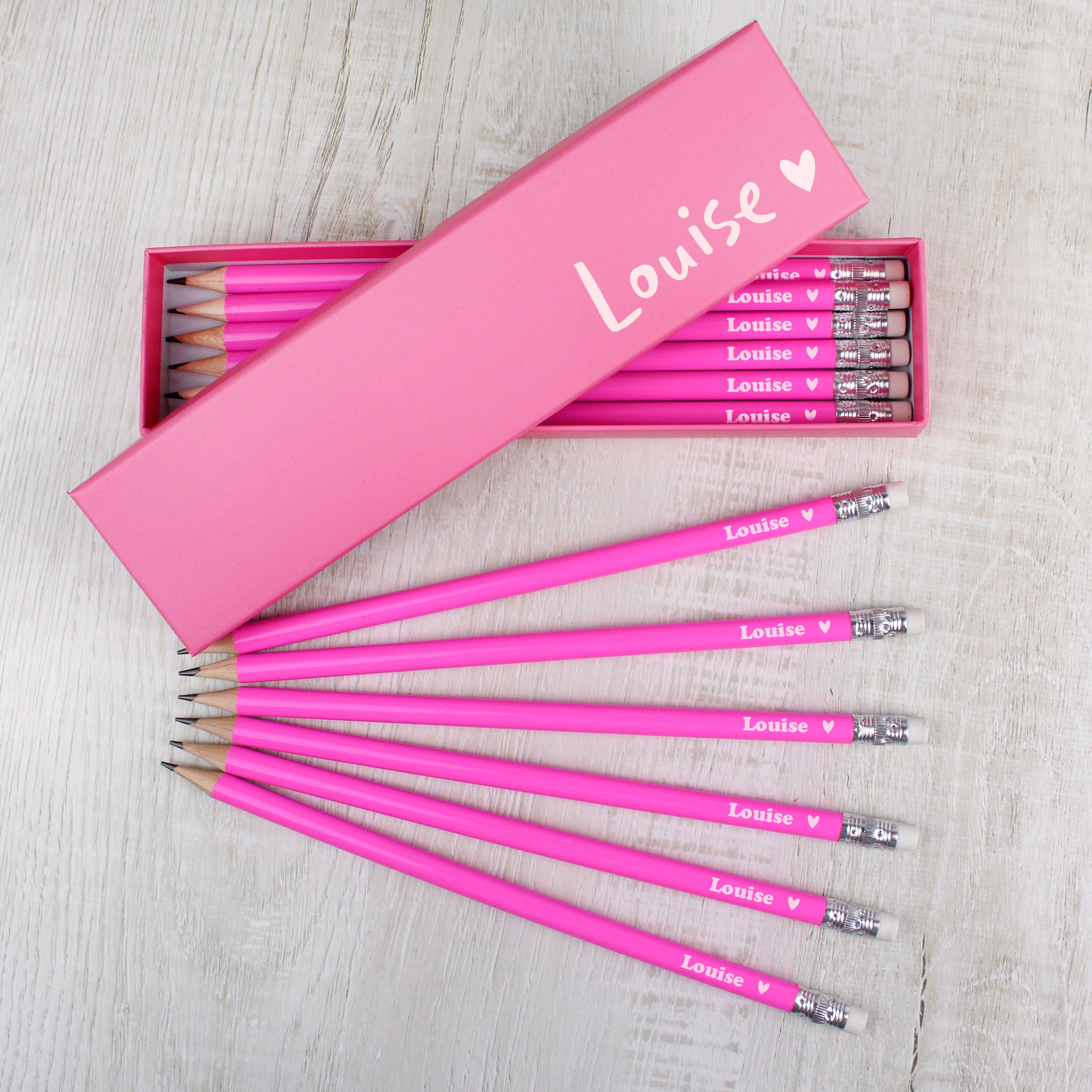Personalised Heart Box and 12 Pink HB Pencils (MRK-iD)